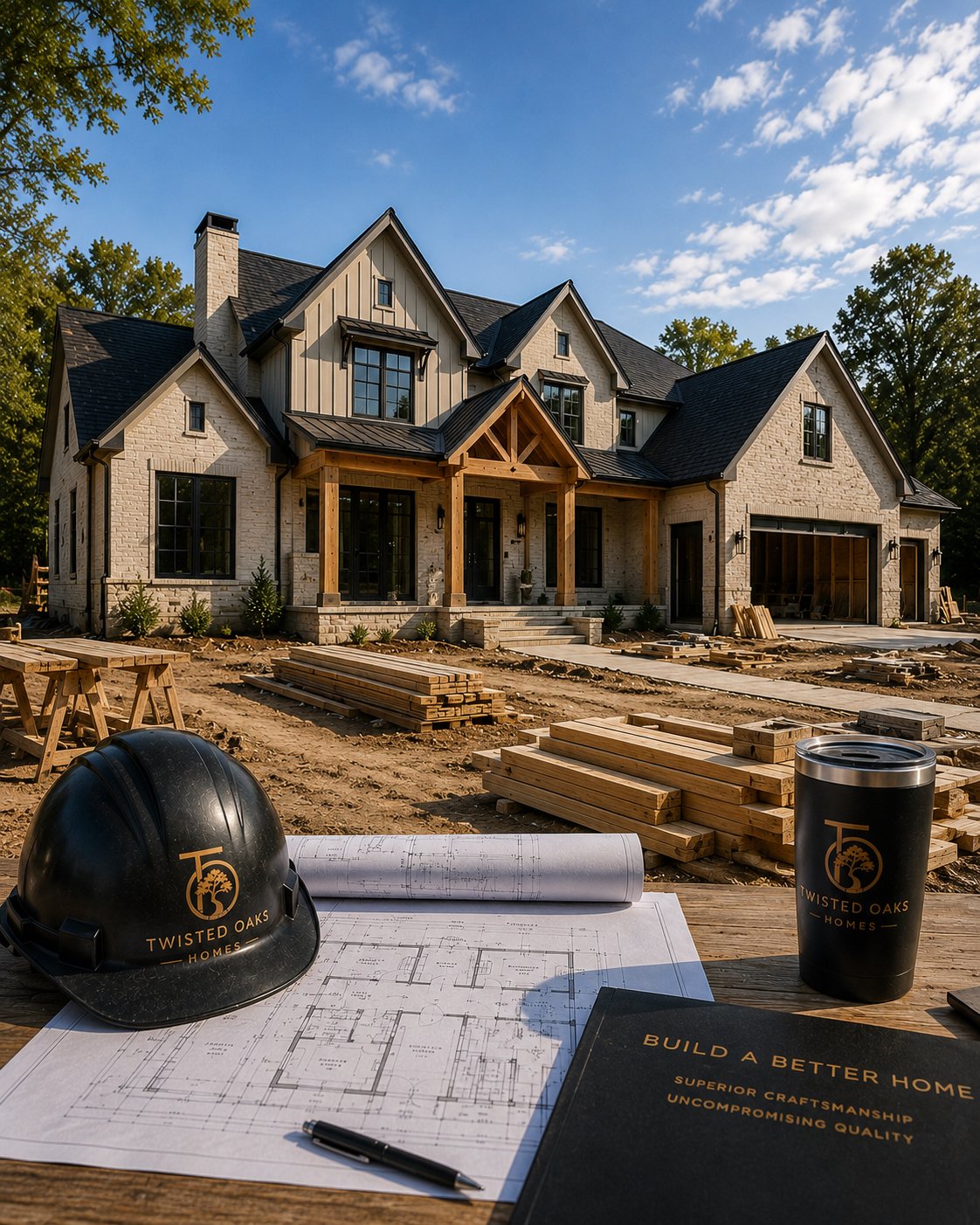 Under construction house with blue sky. Blueprint, construction helmet, and tumbler on wooden table in foreground.