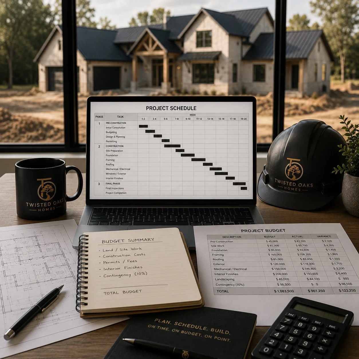 A desk with project planning materials for a home construction project, including a laptop displaying a project schedule, a notebook with a budget summary, construction plans, a coffee mug, a safety helmet, a calculator, and a small plant in front of a large window overlooking a house under construction.