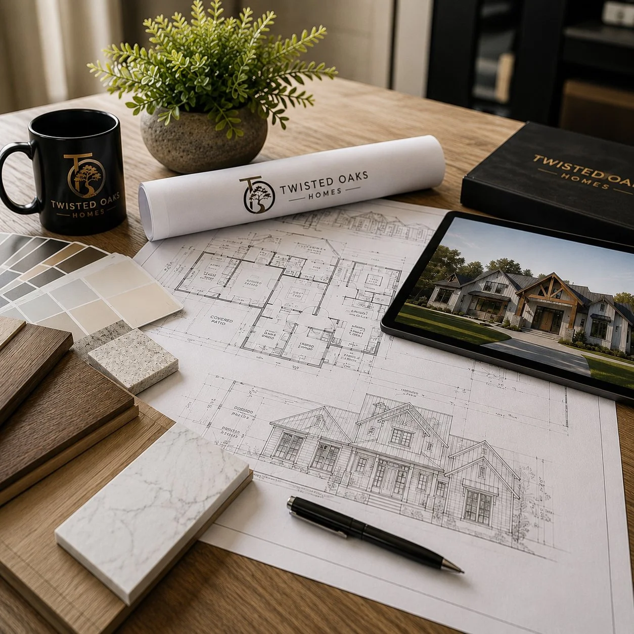 Architectural plans, sample materials, and a tablet displaying a modern house design, with a black mug, a green plant, and a Twisted Oaks Homes-branded book and rolled-up blueprint on a wooden table.