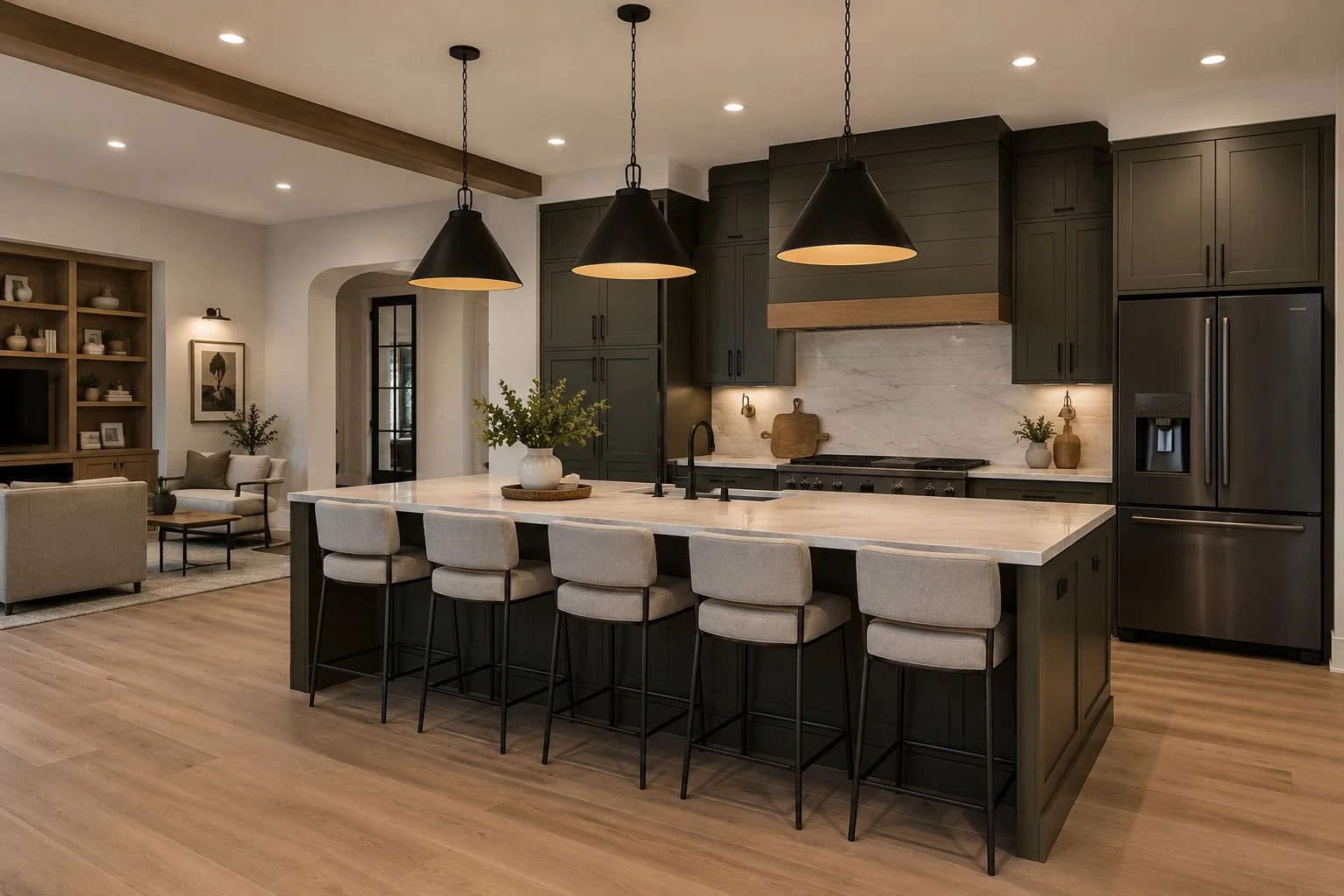 Modern kitchen with black cabinets, white marble island with seating, stainless steel refrigerator, black pendant lights, and light wood flooring.