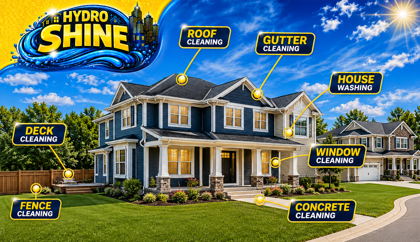A large suburban house with labels pointing to different cleaning services: roof cleaning, gutter cleaning, house washing, window cleaning, concrete cleaning, fence cleaning, deck cleaning, and driveway cleaning. The house is dark blue with white trim, surrounded by a well-maintained lawn, and there are neighboring houses in the background under a bright, partly cloudy sky with sunlight.