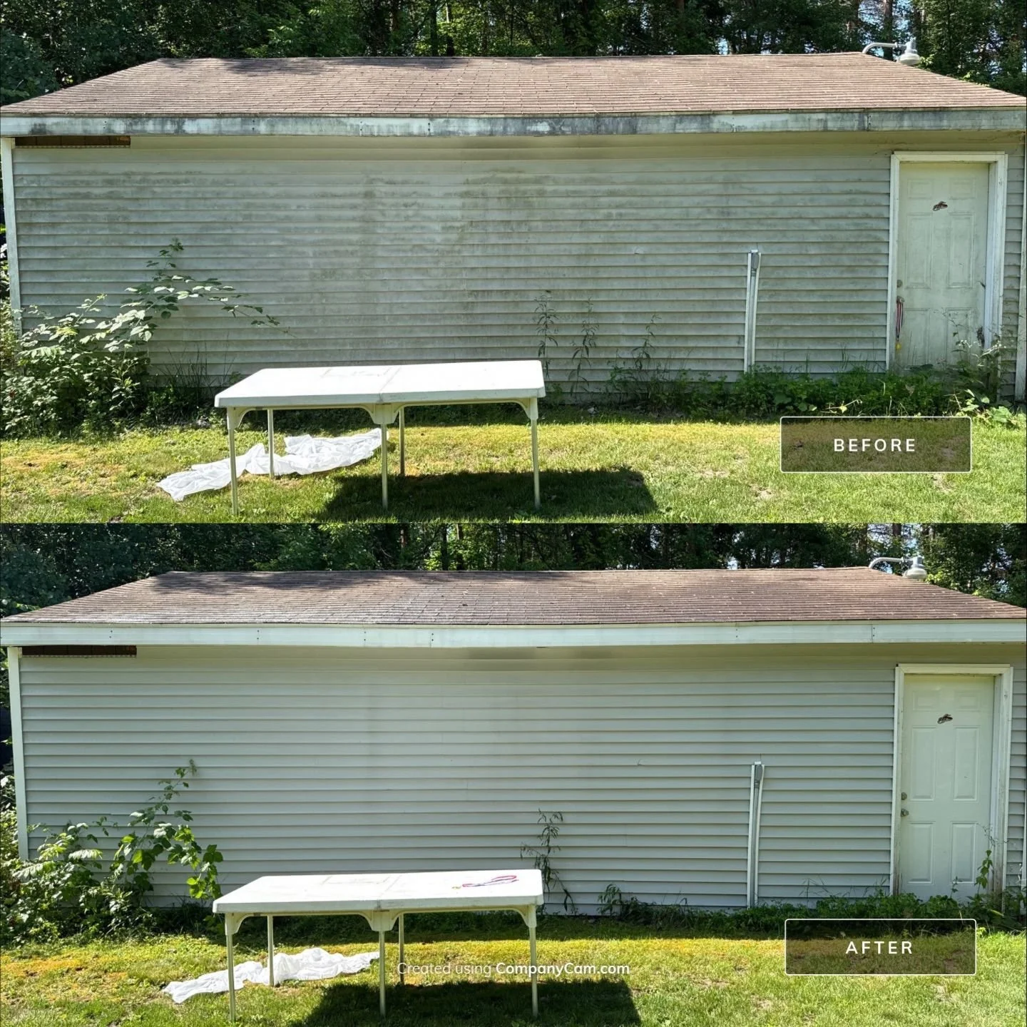 A side-by-side comparison of a house wall before and after cleaning. The top image labeled 'BEFORE' shows a dirty, weathered exterior with grime and discoloration. The bottom image labeled 'AFTER' shows a clean, restored wall with lighter, brighter s