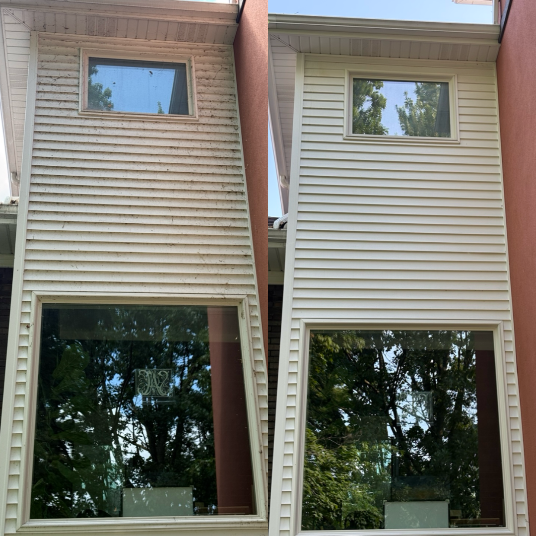 Side-by-side comparison of a house's exterior siding before and after cleaning. The left side shows dirty, stained, and discolored siding, while the right side features clean, bright, and refreshed siding.