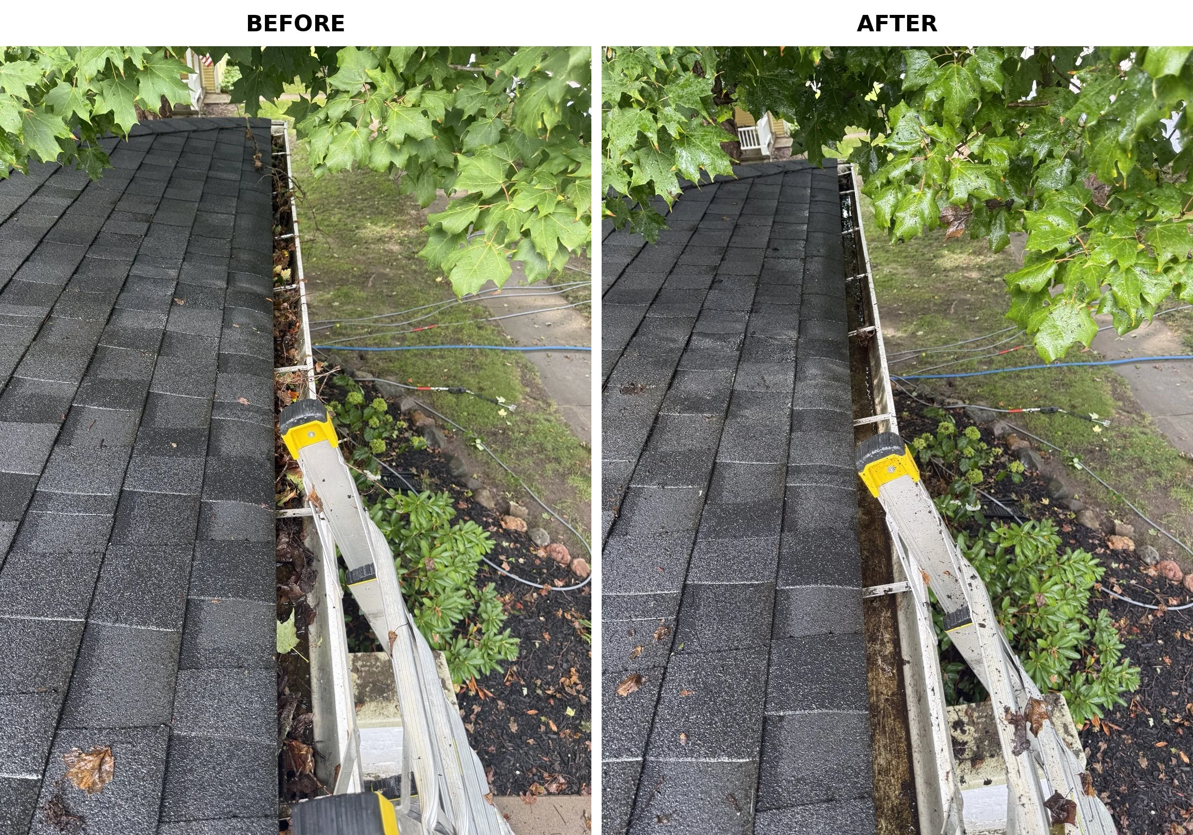 Before and after professional gutter cleaning showing a clogged gutter cleared of leaves and debris.