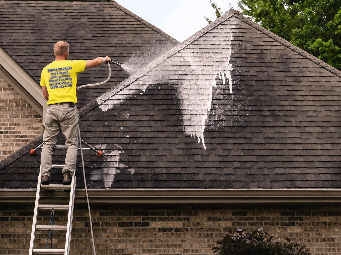 Man on ladder pressure washing house roof, removing dirt and grime from shingles.