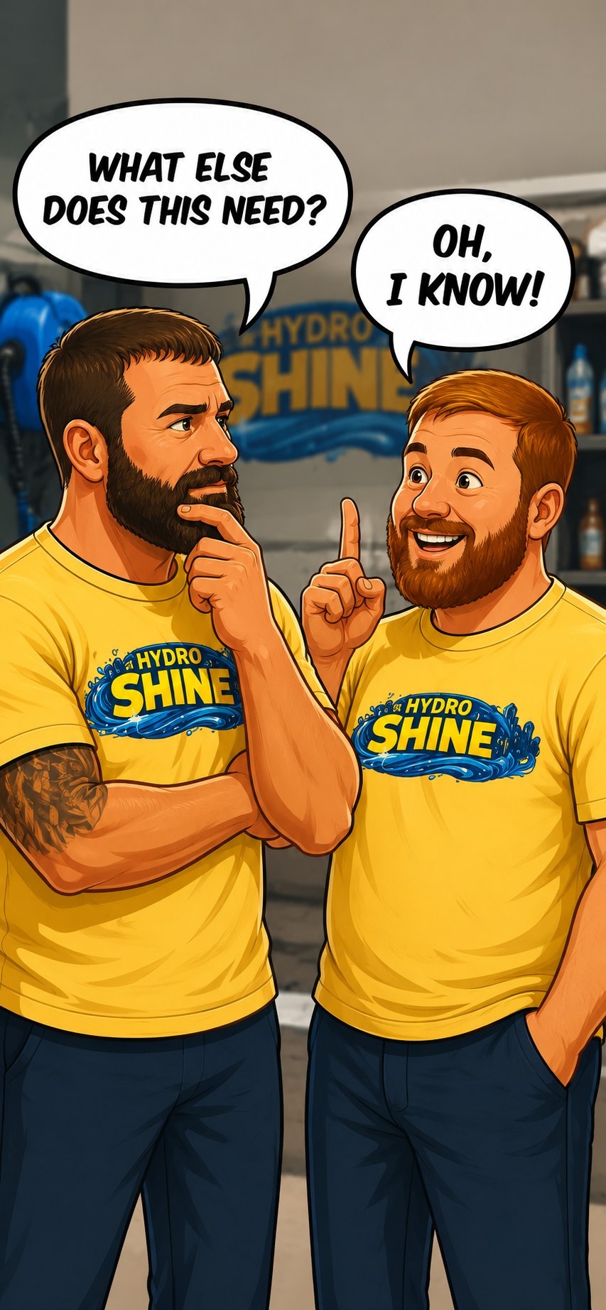 Two men in yellow Hydro Shine shirts talking in a store, one with a beard and tattoos, the other with a beard and short hair, both with brown hair, engaged in a conversation with speech bubbles.