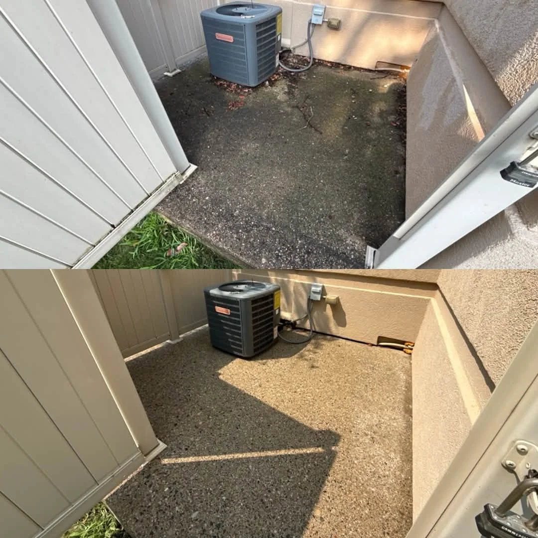 Side-by-side comparison of a small outdoor concrete area before and after cleaning, with an air conditioning unit in the corner.