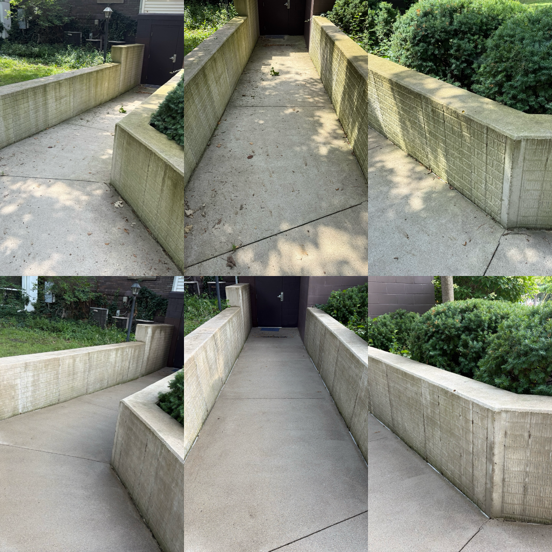 Sequence of six photos showing a concrete sidewalk and low wall in a residential area. The photos depict the sidewalk before, during, and after cleaning, with the cleaned sections appearing brighter and more uniform in color.