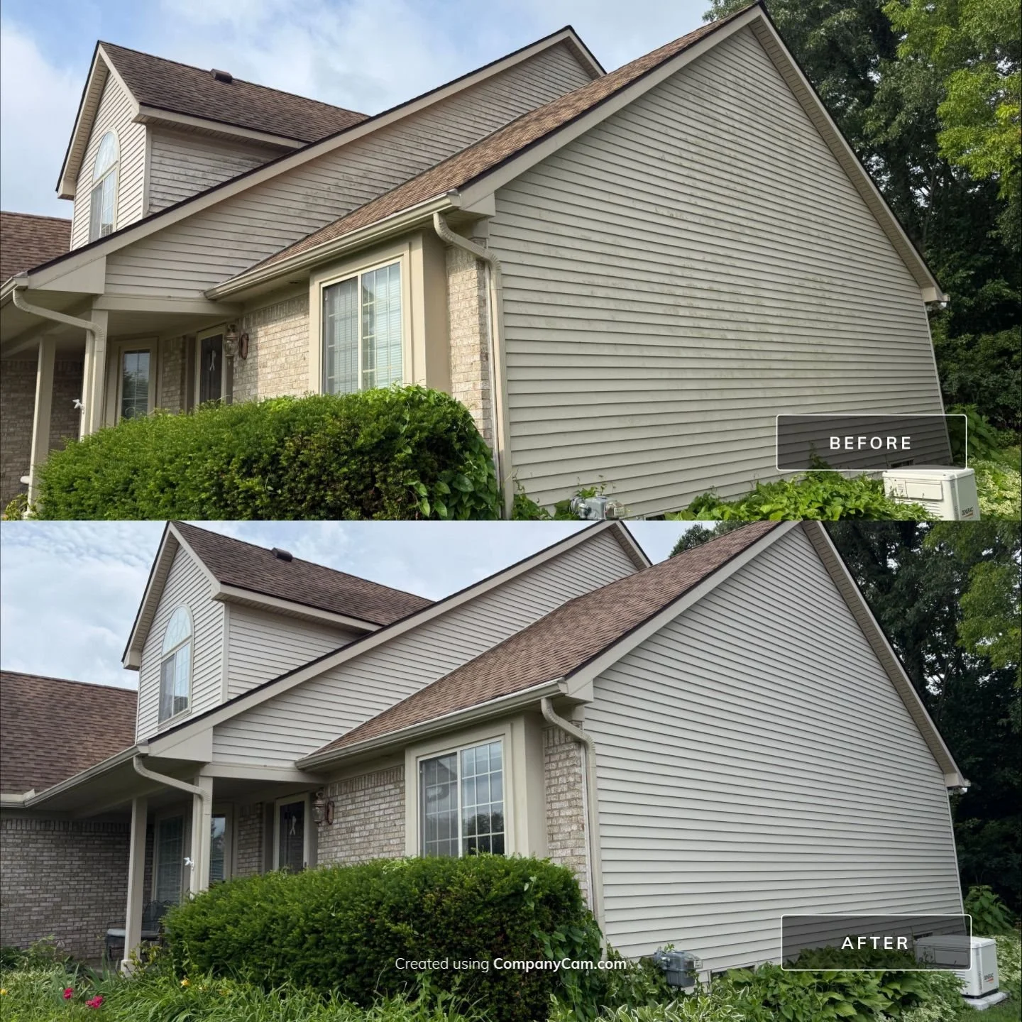 Comparison of house exterior before and after siding replacement. Before shows older, discolored siding; after shows new, clean siding with fresh appearance.