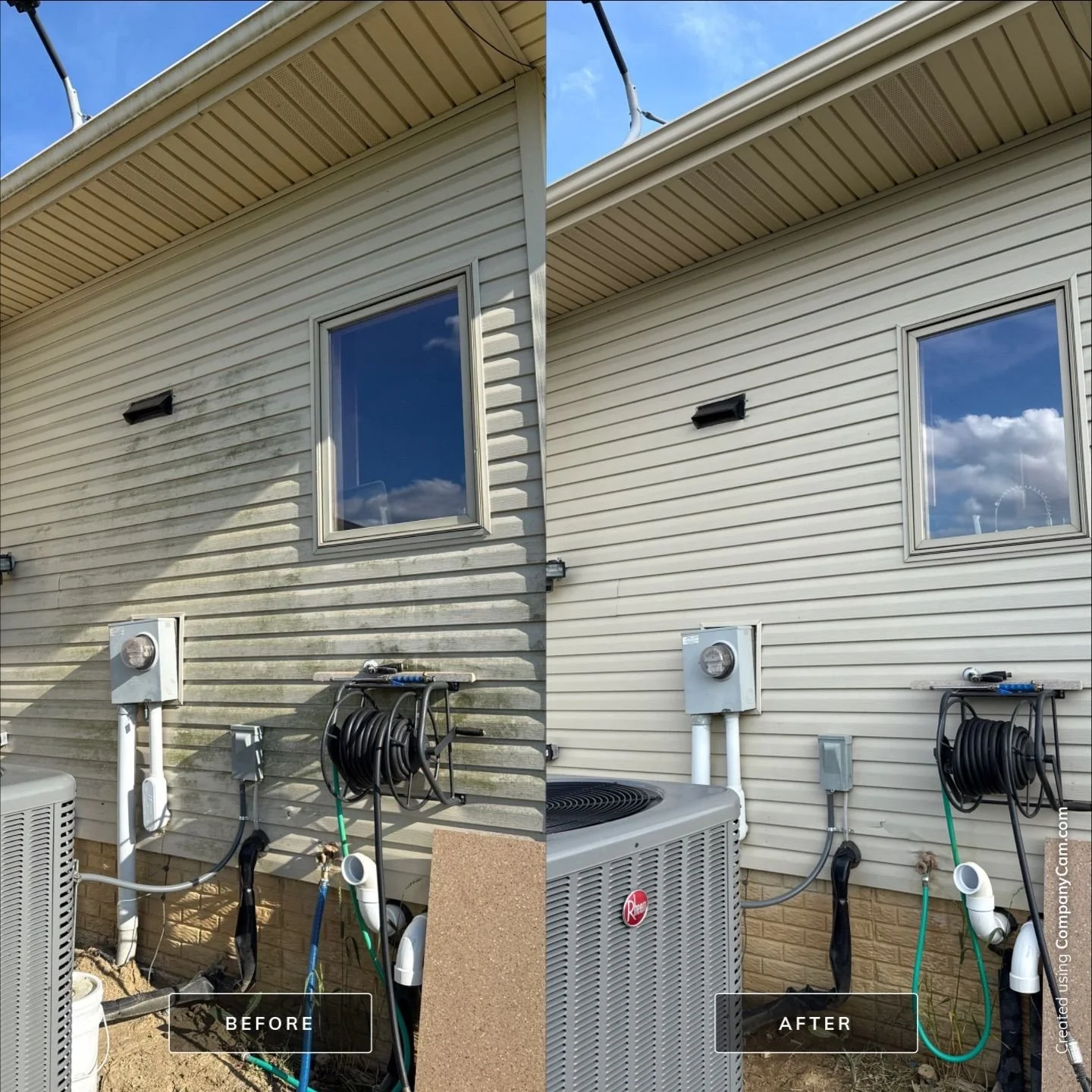 Side-by-side photos showing the exterior of a house before and after cleaning. The left side shows the house with dirty, greenish stained siding around a window, while the right side shows the same area clean and bright.