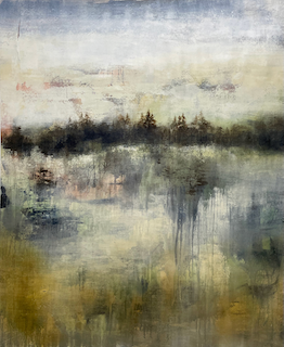 A misty textured landscape featuring a horizon of silhouetted pine trees, and distant hills under an overcast sky.