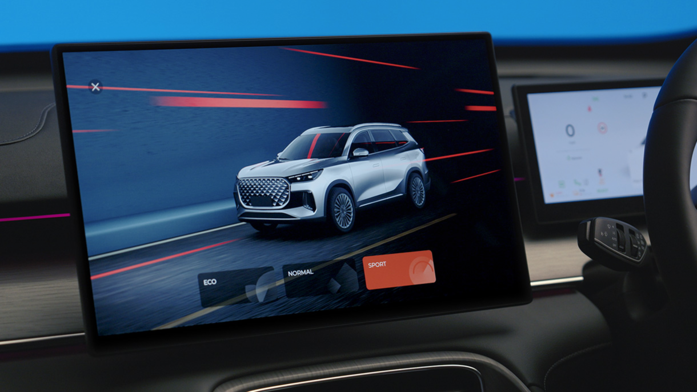 A digital car dashboard display showing a white SUV on a road, with driving mode options labeled Eco, Normal, and Sport.