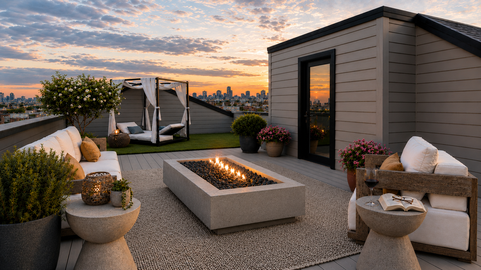 Rooftop patio at sunset with outdoor furniture, a fire pit, potted plants, a canopy lounge area, and city skyline in the background.