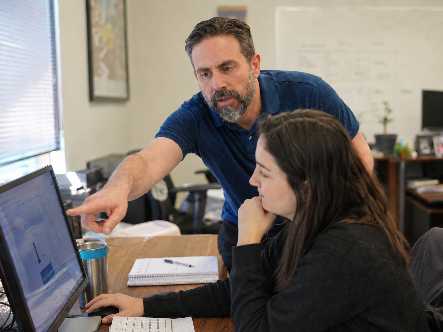 A man with gray hair and a beard in a blue polo shirt is pointing at a computer screen while a woman with long brown hair in a black sweater looks at the screen in an office.  Justin Spath performing Talent Acquisition and Recruiting consulting