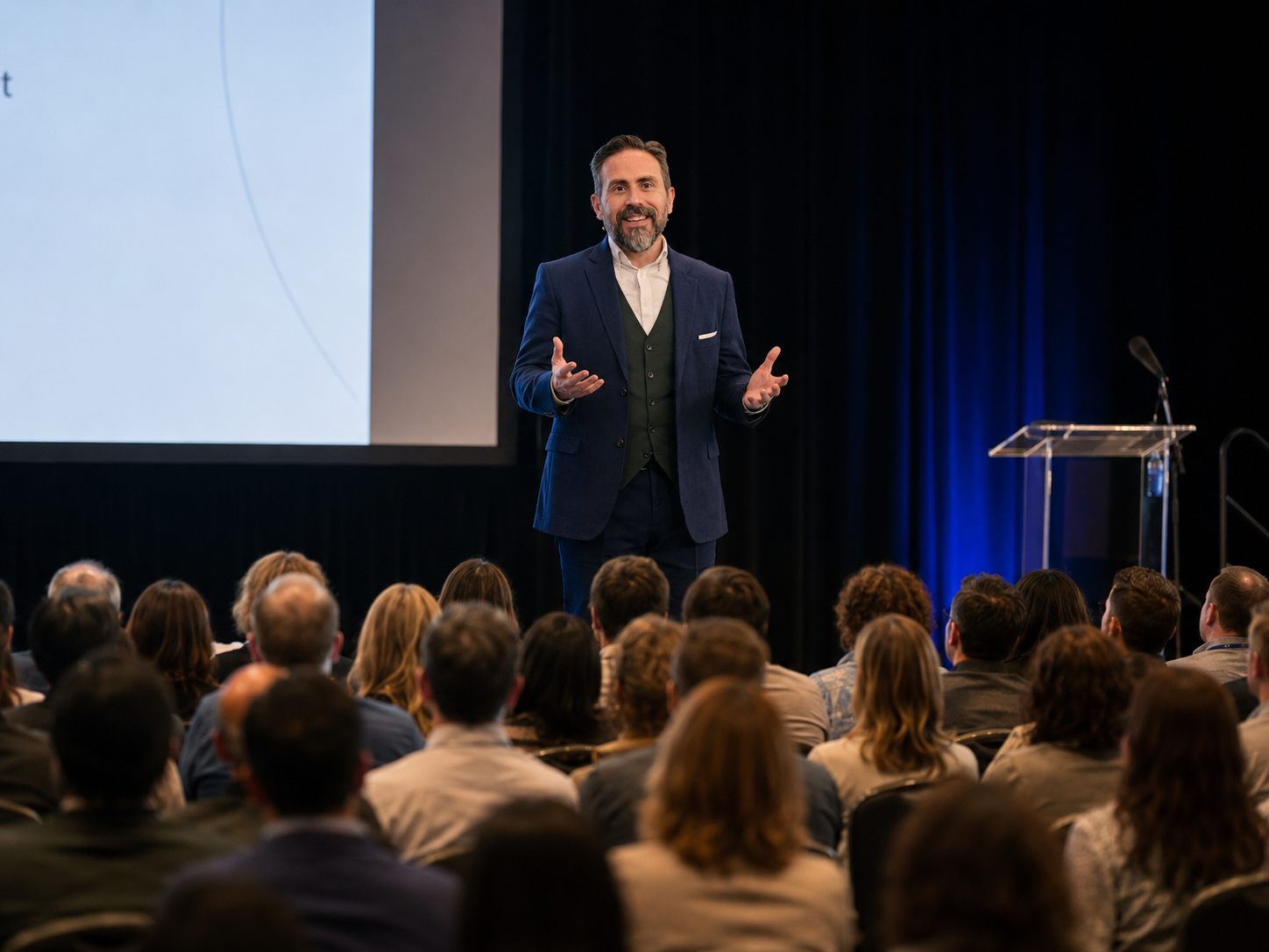 Justin Spath in a navy blue suit giving a presentation to a large audience .