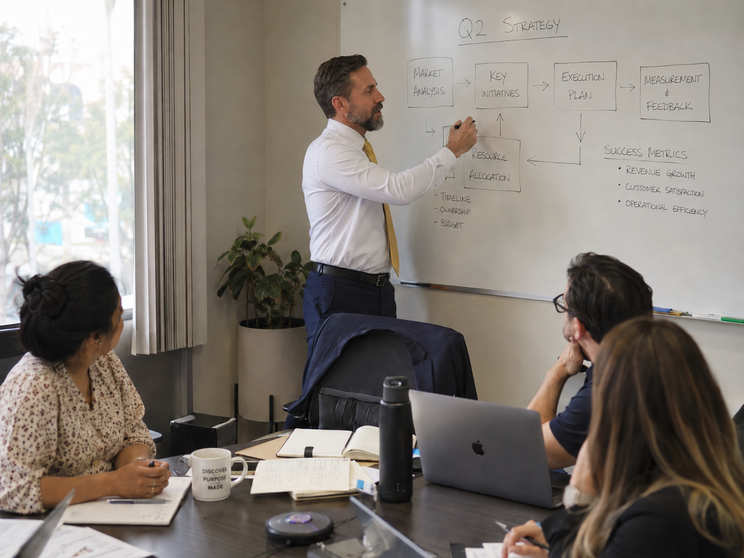 A man in a white shirt and yellow tie writes on a whiteboard with a diagram titled 'Q2 Strategy', showing flowcharts and notes about market analysis, key initiatives, execution plan, measurement, and success metrics. Three people sit at a table watching him, with notebooks, a laptop, a mug, and a water bottle on the table inside a conference room with a window and blinds.
