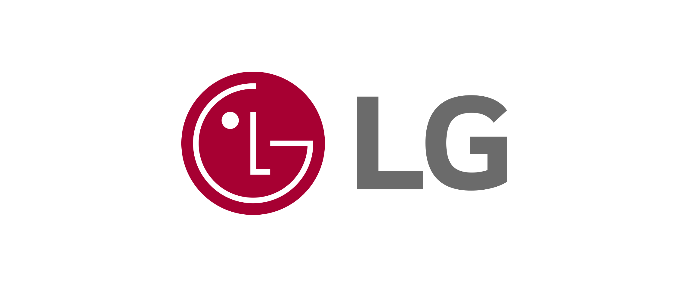 LG logo with a red circle containing a stylized white smiley face and the letters L and G, followed by the word LG in gray for a technology brand.