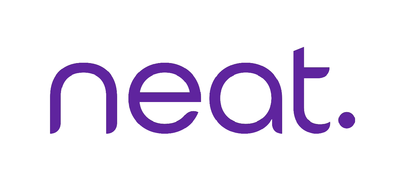 The word "neat" written in purple lowercase letters with a period at the end.