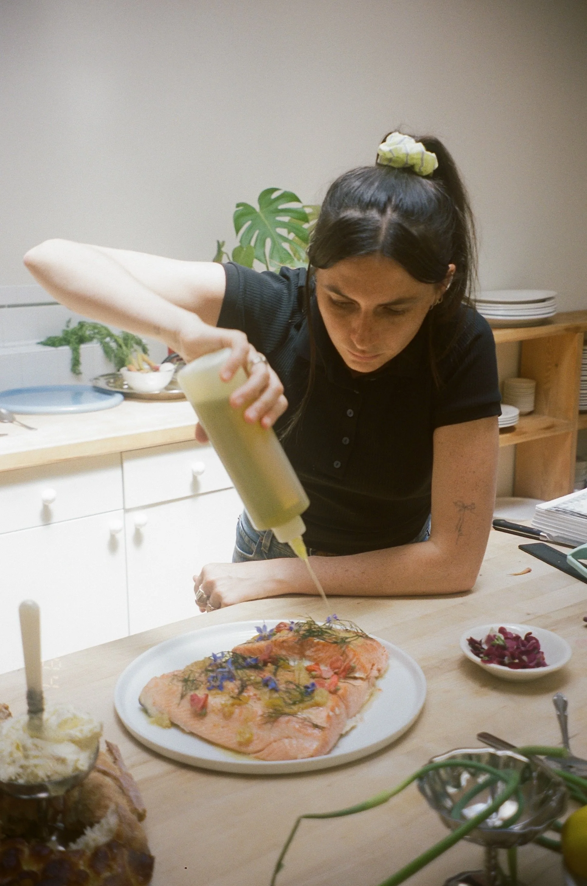 finishing roast salmon with olive oil