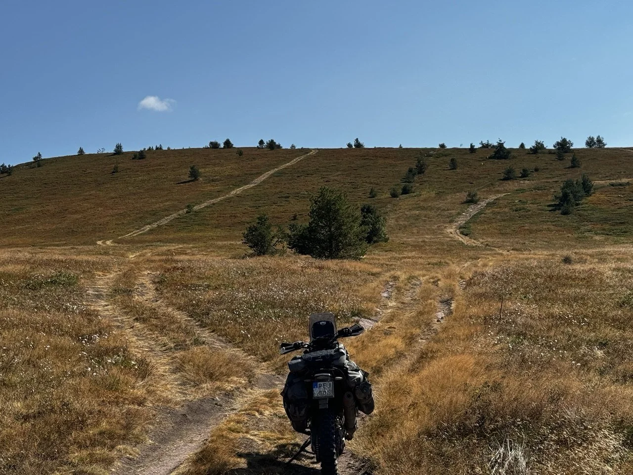 Motorcycle on a dirt trail leading up a grassy hillside with sparse trees, under a blue sky with a few clouds.