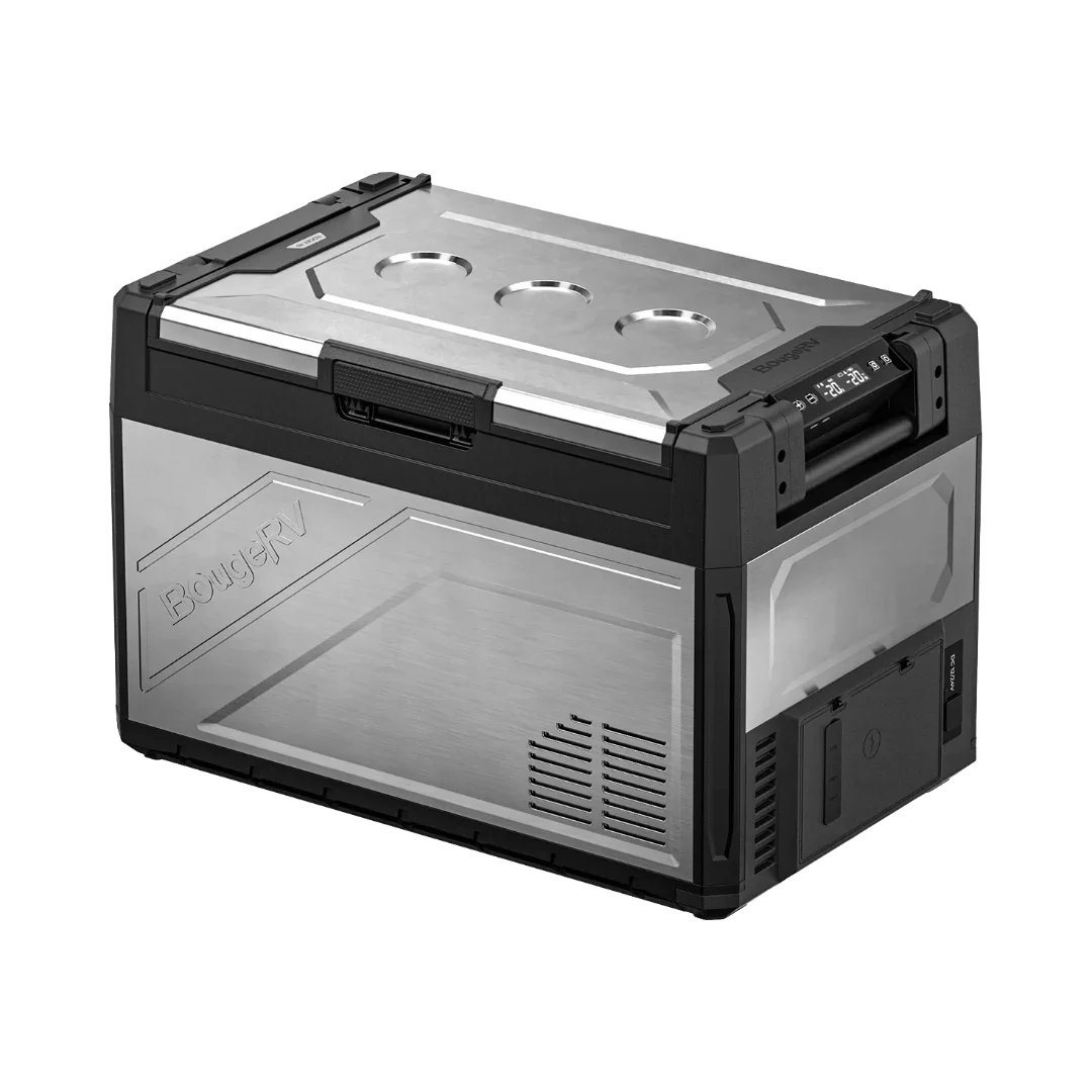 BougeRV Rocky 52L fridge closed, silver and black finish