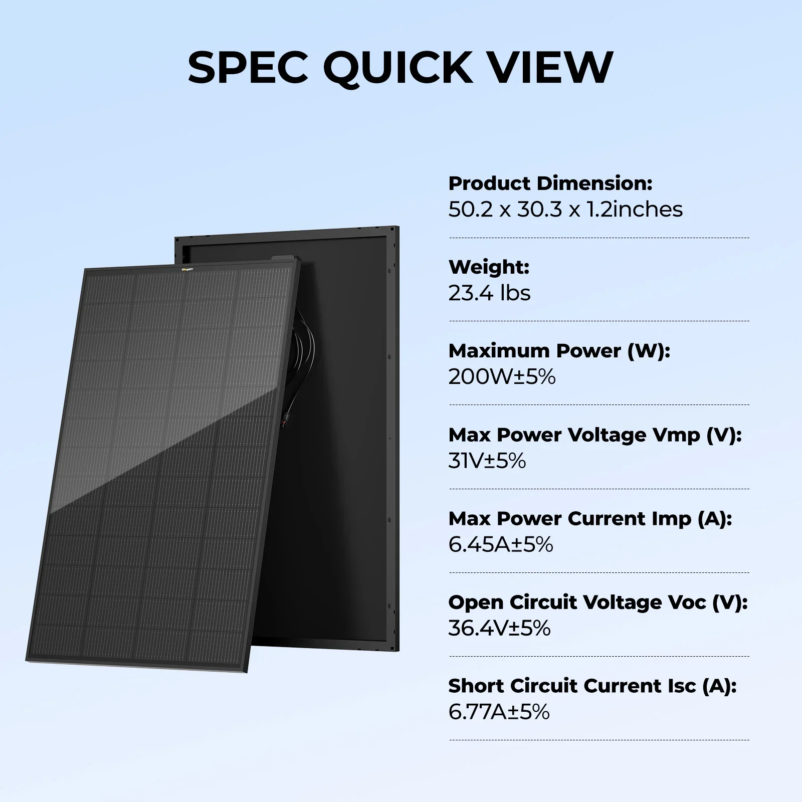 BougeRV 200W panel spec sheet - dimensions, weight, max power, voltage and current