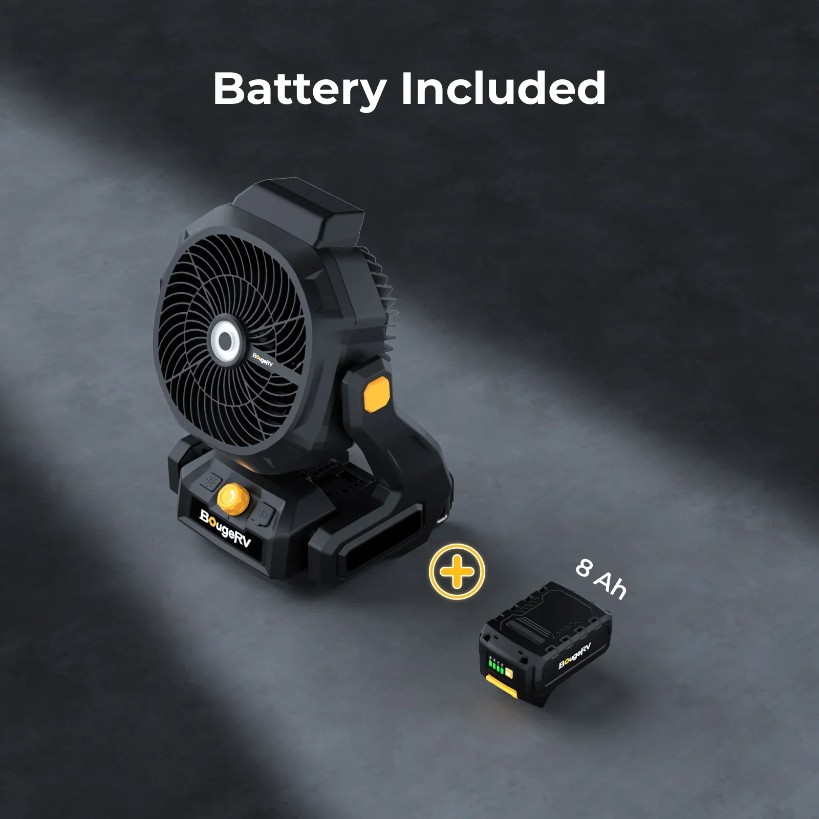 BougeRV F02 fan shown with included 8Ah battery