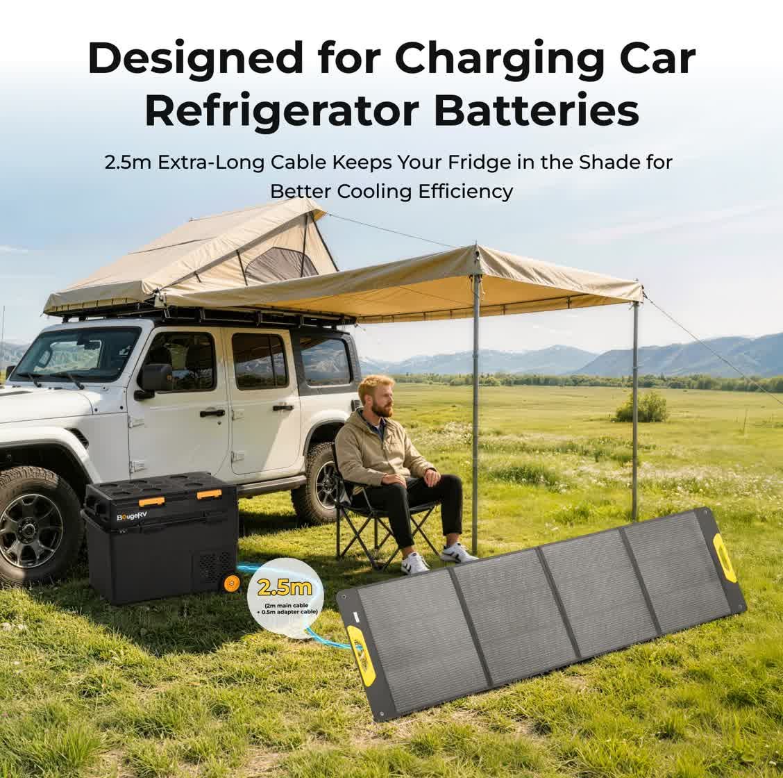 BougeRV portable solar panel charging a fridge battery at an off-grid camp