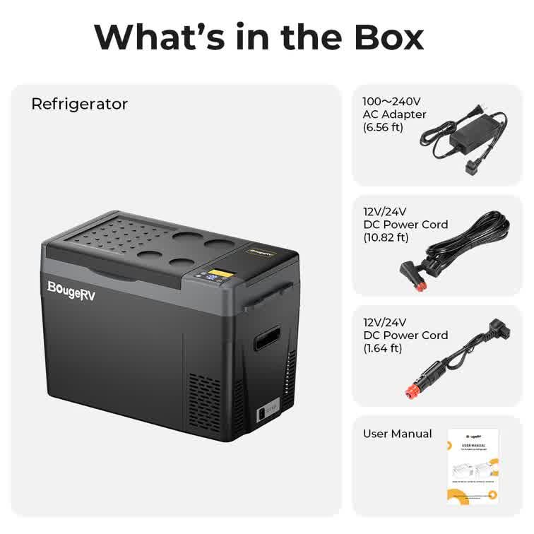 BougeRV CRPRO30 fridge freezer what's in the box - fridge, AC adapter, DC power cords, manual