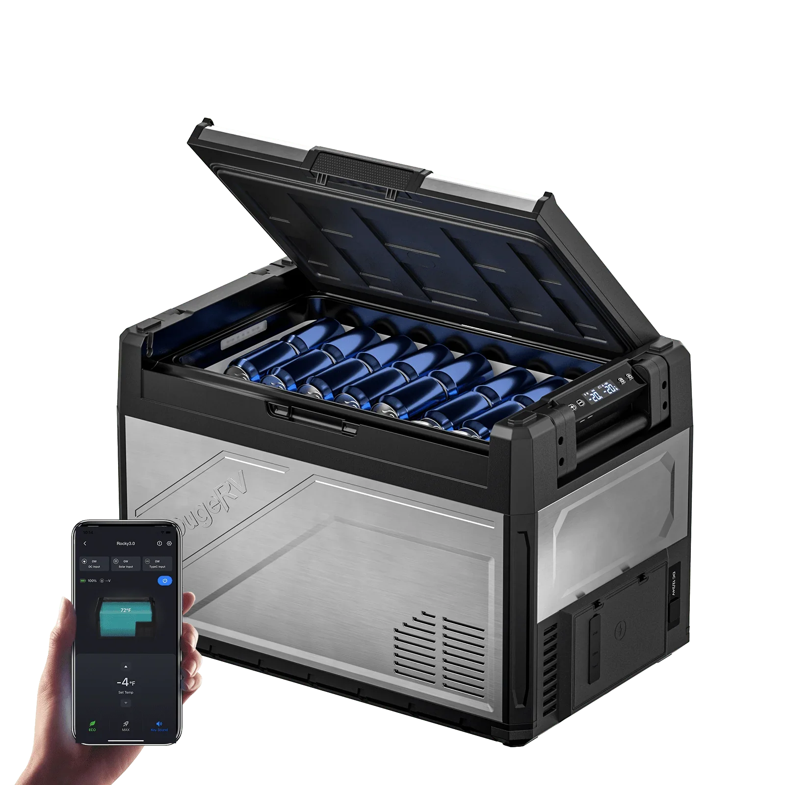Row 1  BougeRV Rocky 52L dual zone fridge open showing drinks with app control