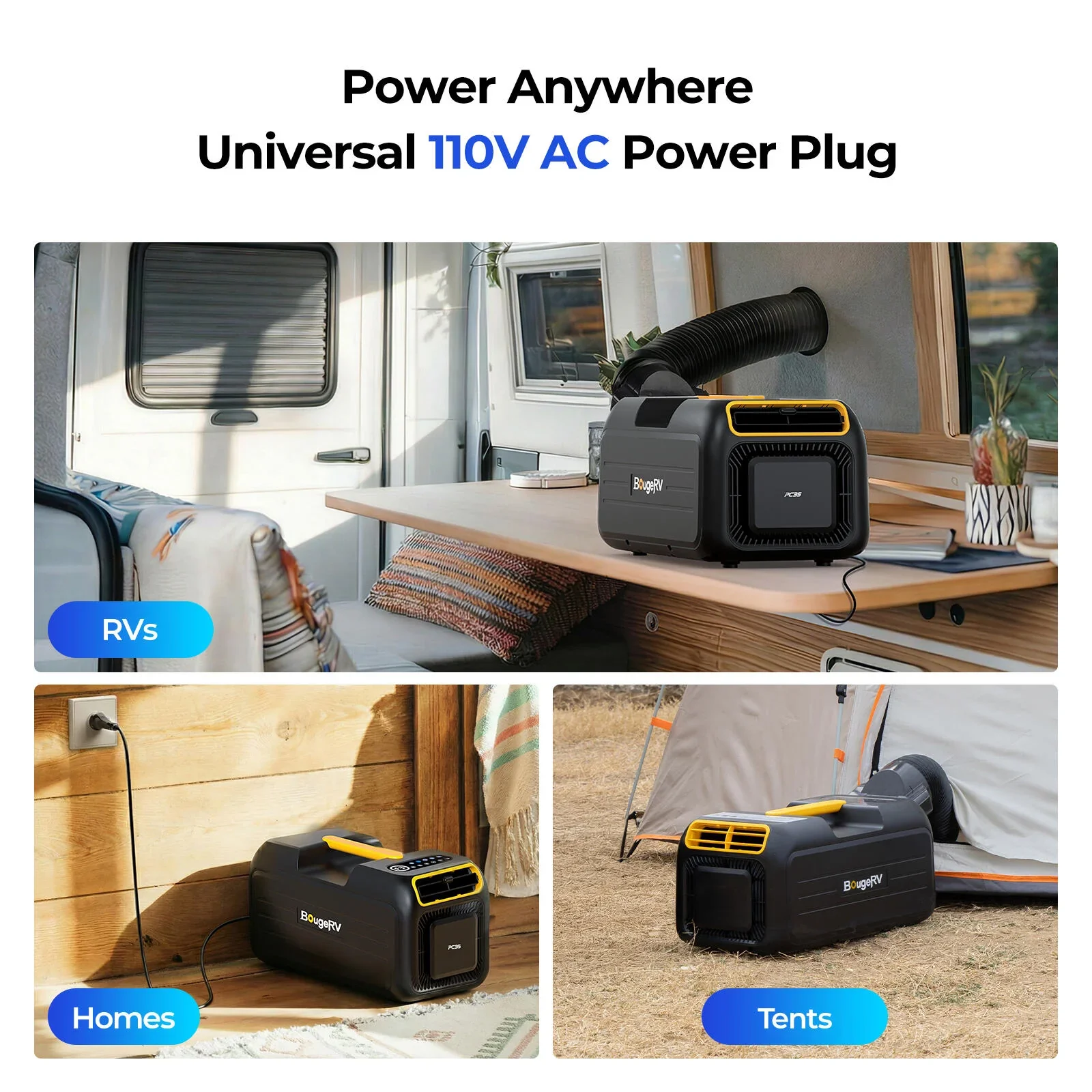BougeRV PC35 air conditioner powered by universal 110V AC plug at home or in a tent