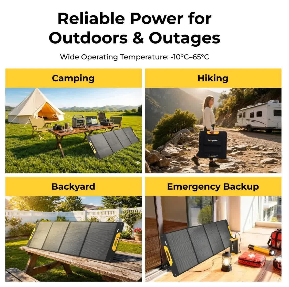 BougeRV 200W foldable panel reliable power for camping, hiking, backyard and emergency backup