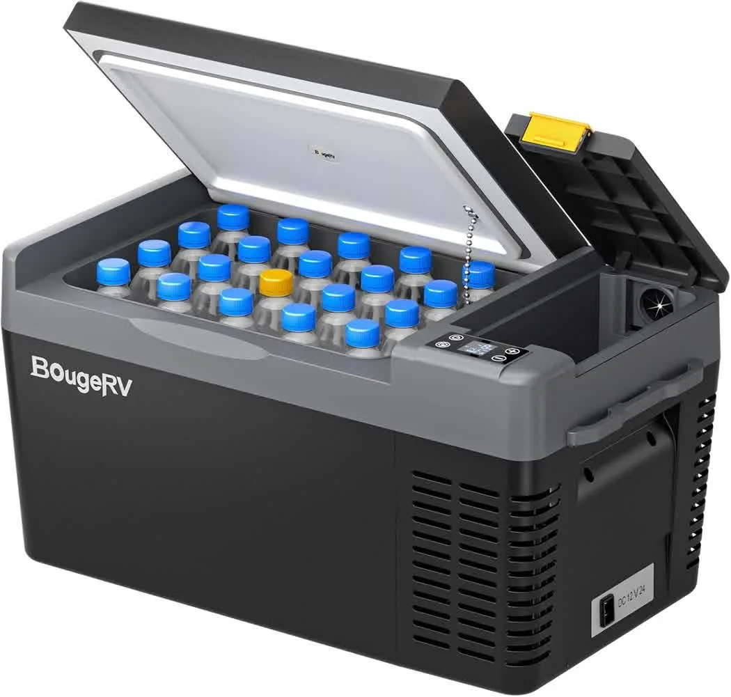 BougeRV CRPRO30 fridge freezer open with drinks and ice packs inside