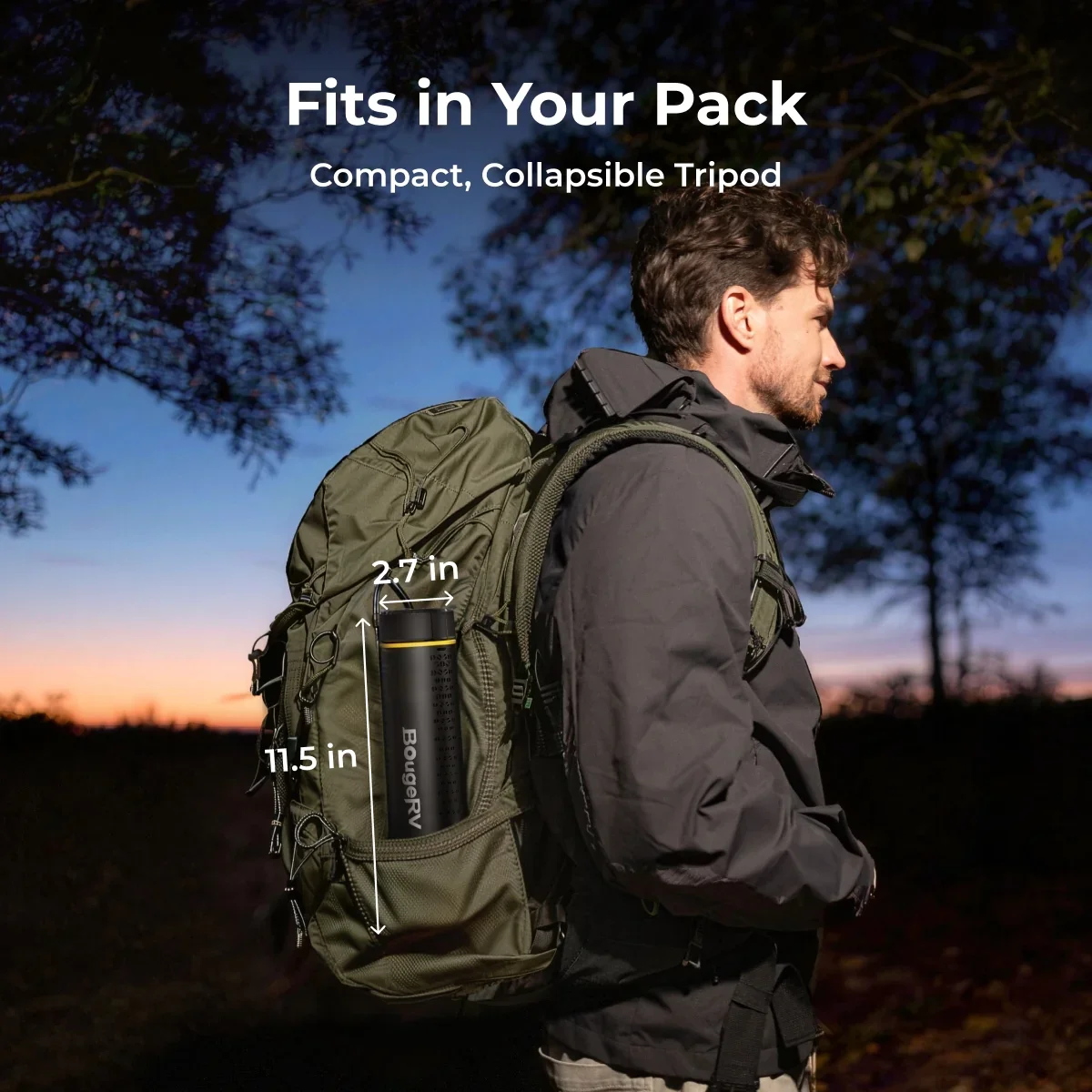 BougeRV T1 lantern packed on a hiking backpack with collapsible tripod