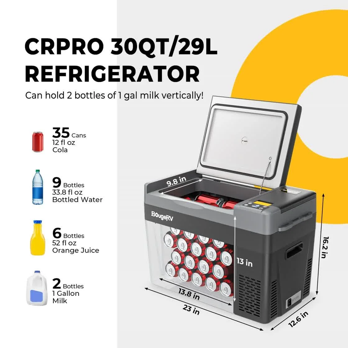BougeRV CRPRO30 fridge freezer 28 litre capacity holding drinks and food