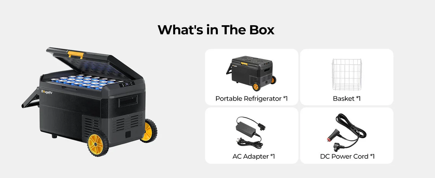 BougeRV CRS 40L fridge what's in the box - fridge and AC adapter