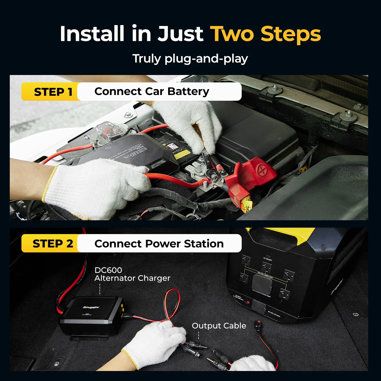 BougeRV DC-DC charger install in two steps - connect car battery, connect power station