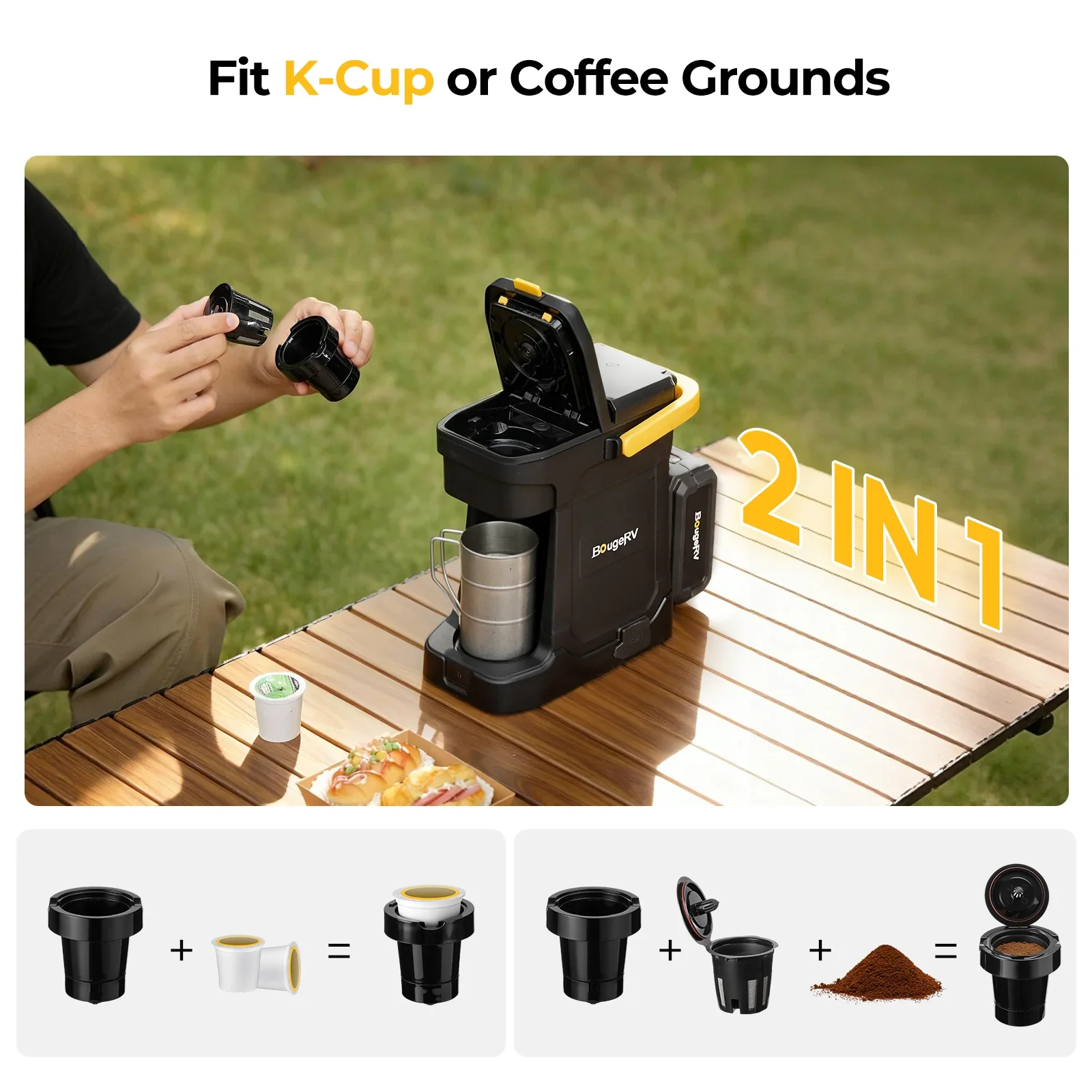 BougeRV coffee maker 2 in 1 design fitting K-Cups or ground coffee