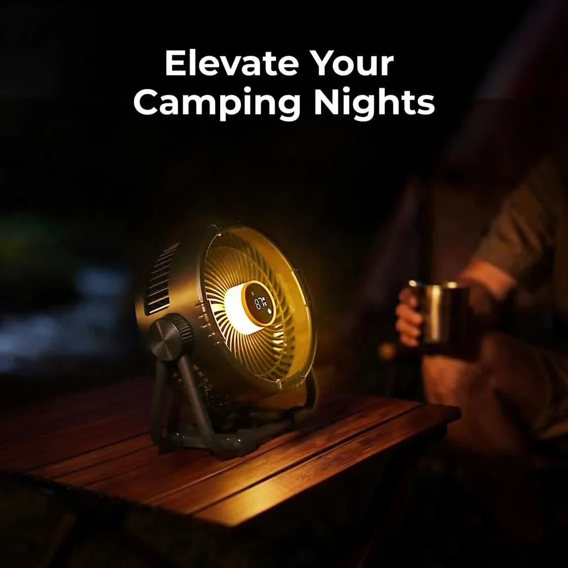 BougeRV F01 fan lighting a camping table at night