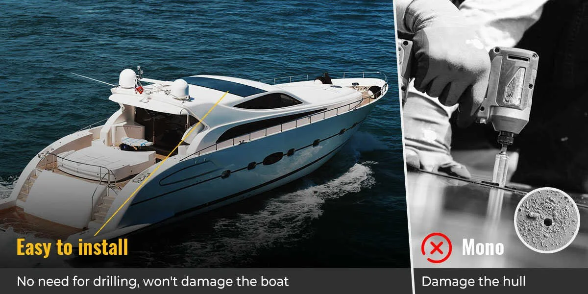 BougeRV Yuma 100W panel mounted on a yacht, won't damage the boat unlike rigid panels