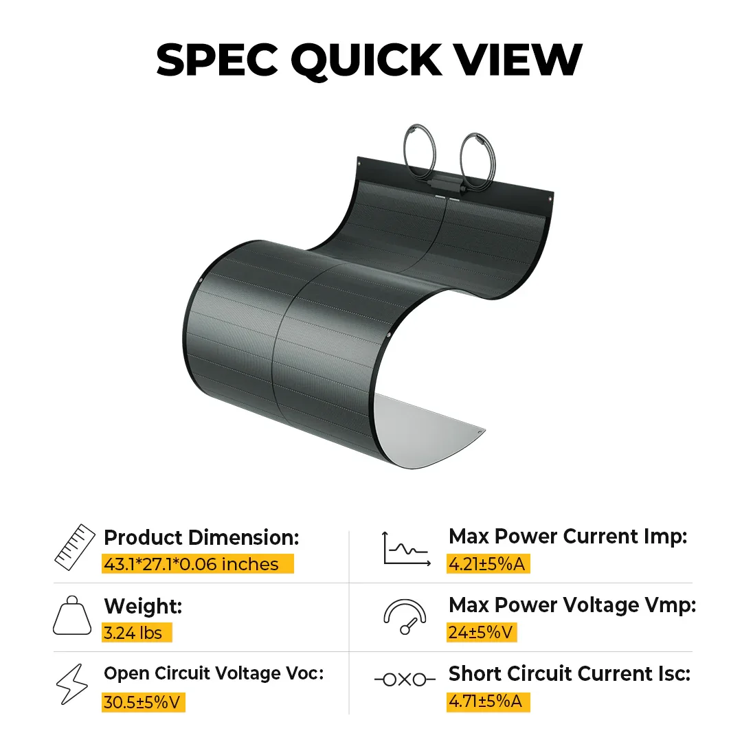 BougeRV Yuma 100W panel pre-drilled spec sheet - dimensions, weight, voltage and current
