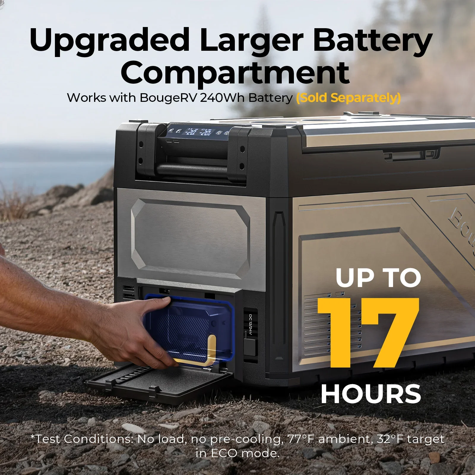 BougeRV Rocky 52L fridge upgraded battery compartment running up to 17 hours