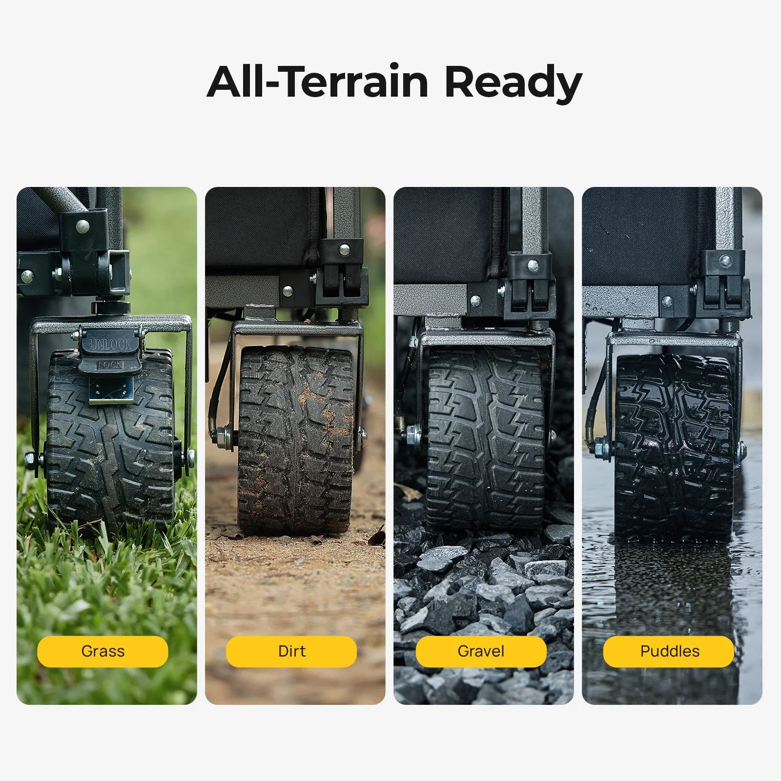 BougeRV eWagon all-terrain wheels tested on grass, dirt, gravel and pavement