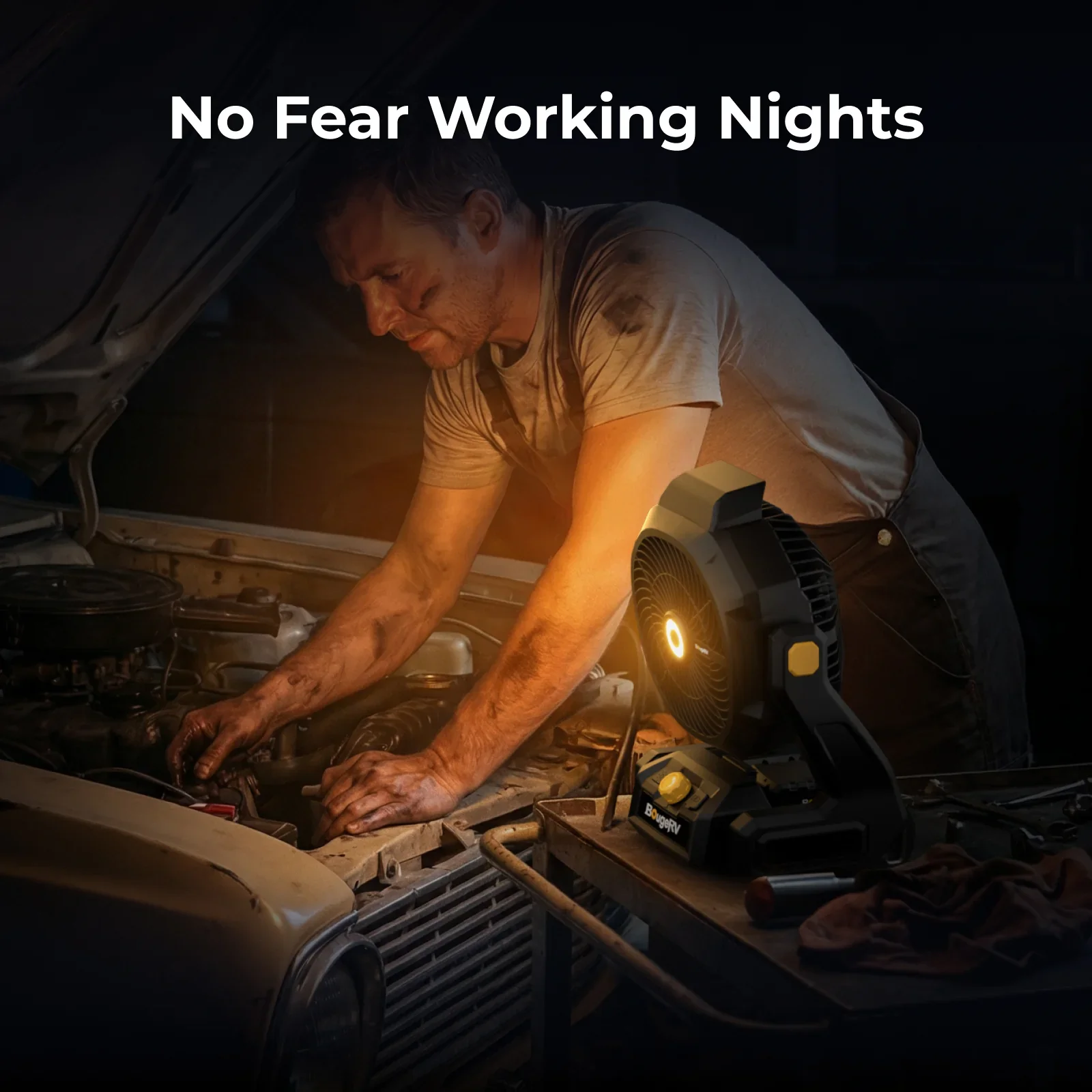BougeRV F02 fan lighting a night-time repair job