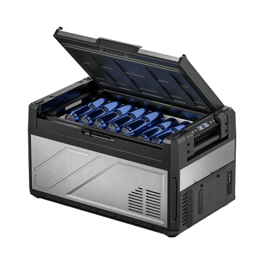 BougeRV Rocky fridge open showing drinks and dual zone compartments