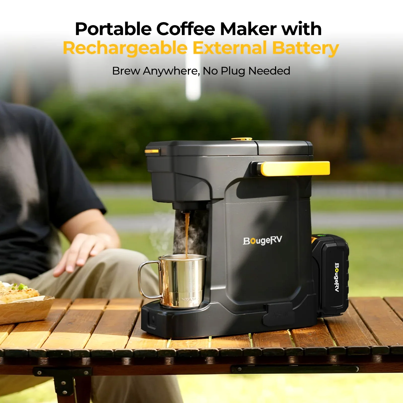 BougeRV coffee maker brewing outdoors on a wooden picnic table