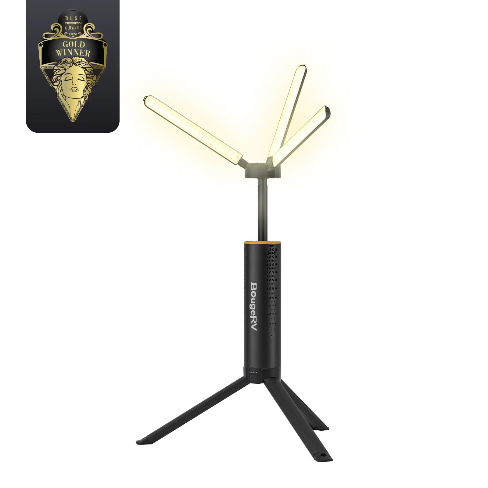 BougeRV T1 lantern on tripod lighting a dark campsite