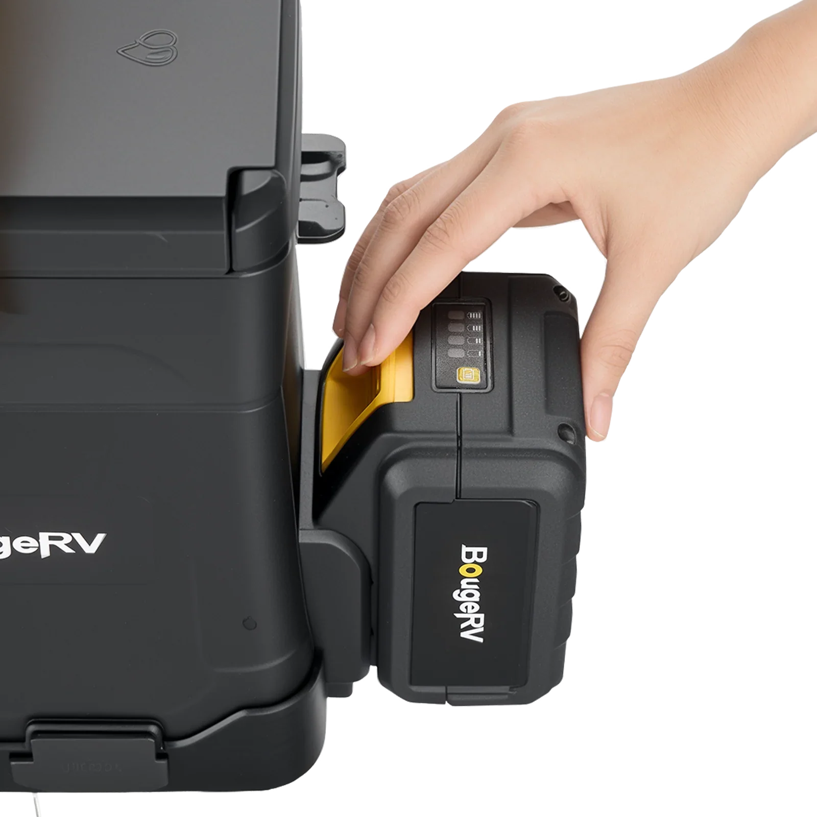 BougeRV coffee maker with rechargeable battery pack being inserted