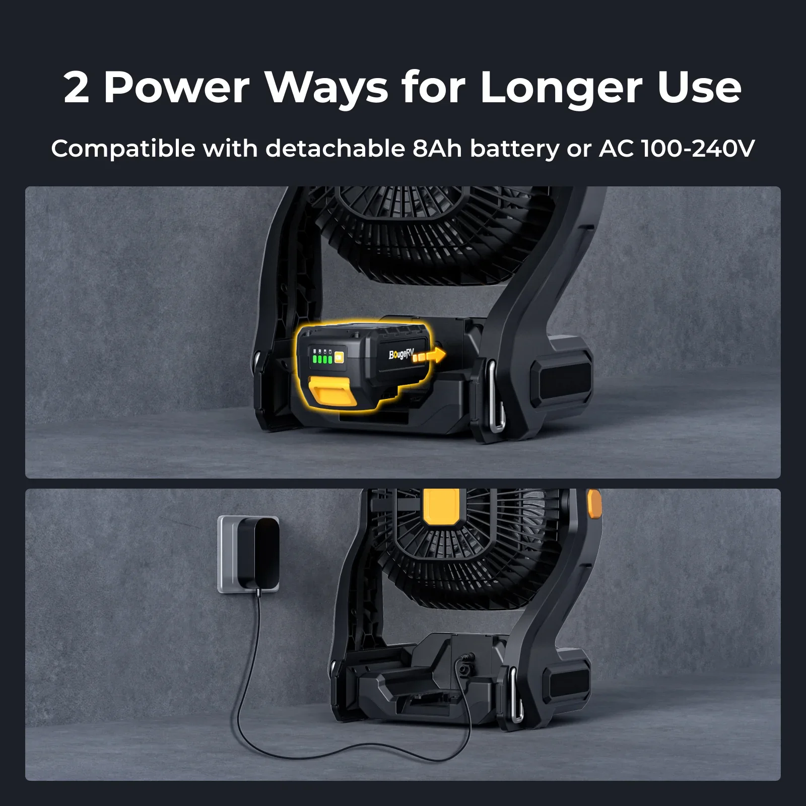 BougeRV F02 fan with two power options - detachable battery or AC mains