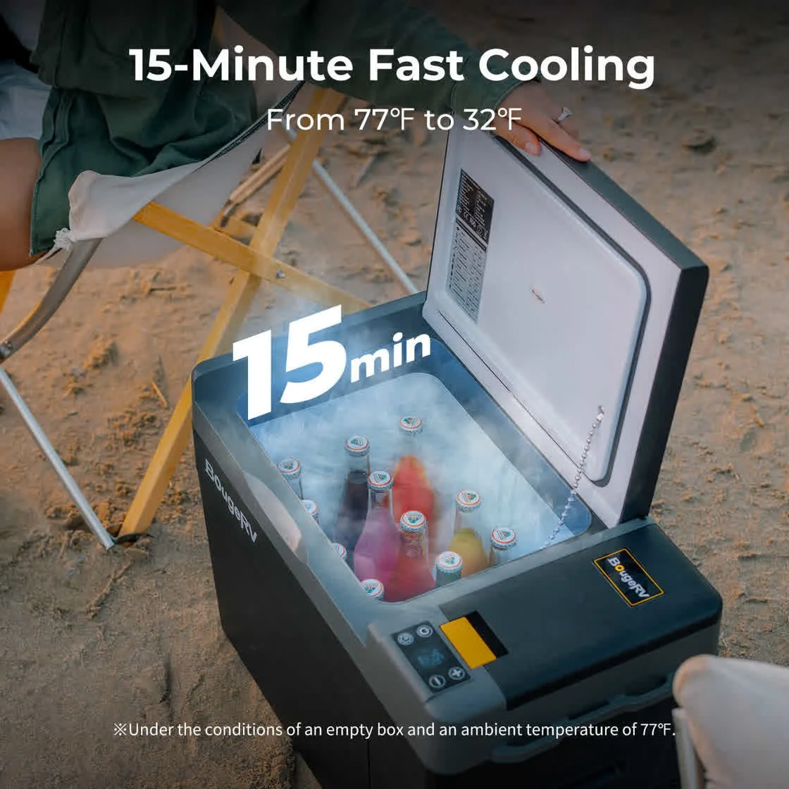 BougeRV CRPRO30 fridge freezer cooling from 25°C to 0°C in 15 minutes